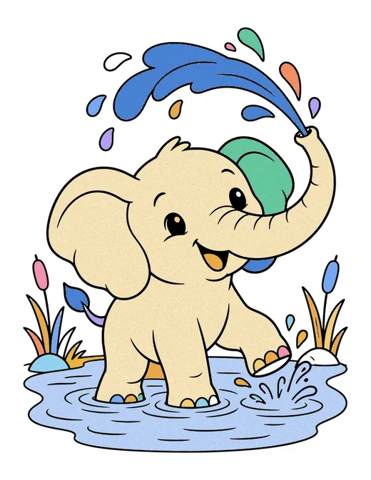 Elephant Splashing Water coloring page, colored in
