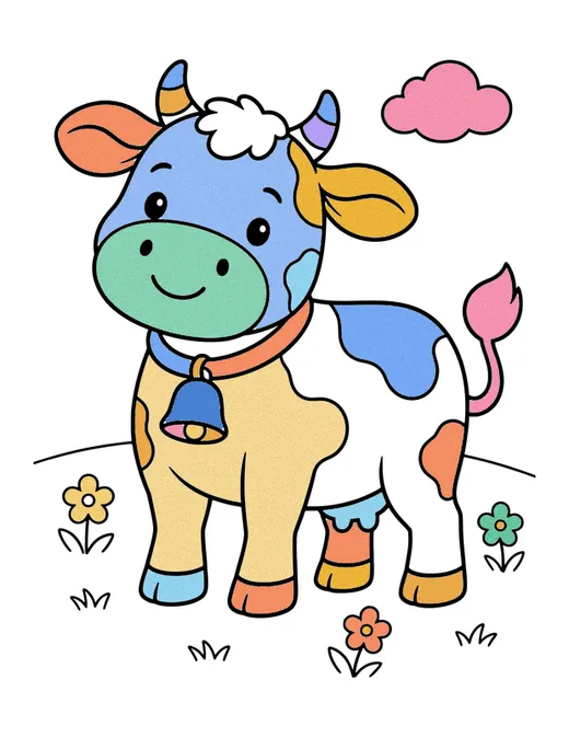 Cow with a Bell coloring page, colored in
