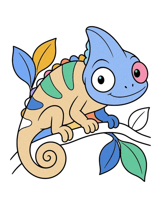 Chameleon on a Branch coloring page, colored in