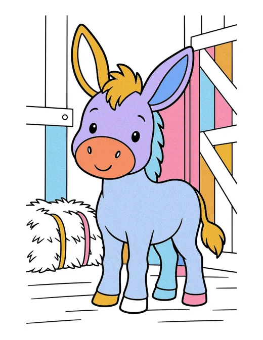 Donkey in a Barn coloring page, colored in
