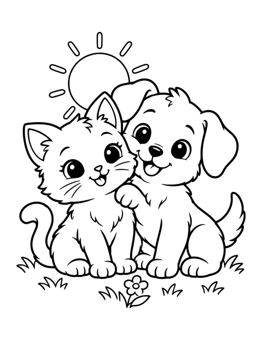 Kitten and Puppy Best Friends coloring page