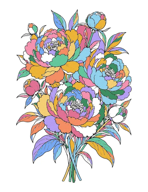 Peony Bouquet coloring page, colored in
