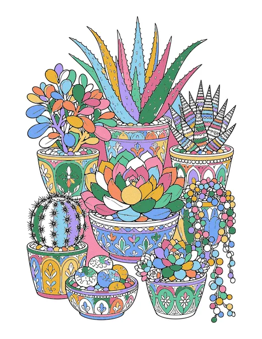 Succulent Collection coloring page, colored in