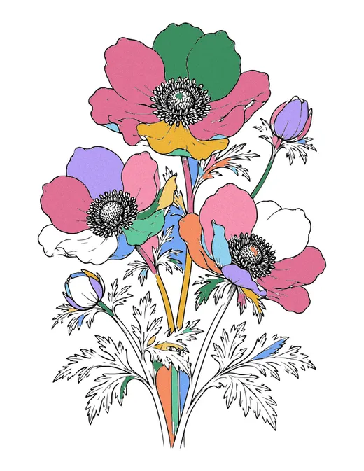 Anemones coloring page, colored in
