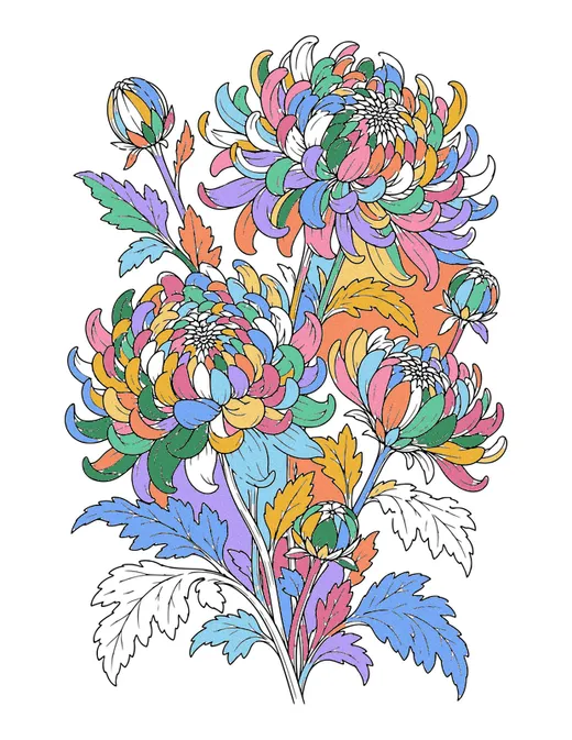 Chrysanthemums coloring page, colored in