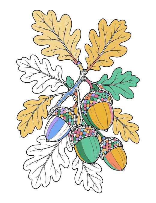 Acorns and Oak Leaves coloring page, colored in