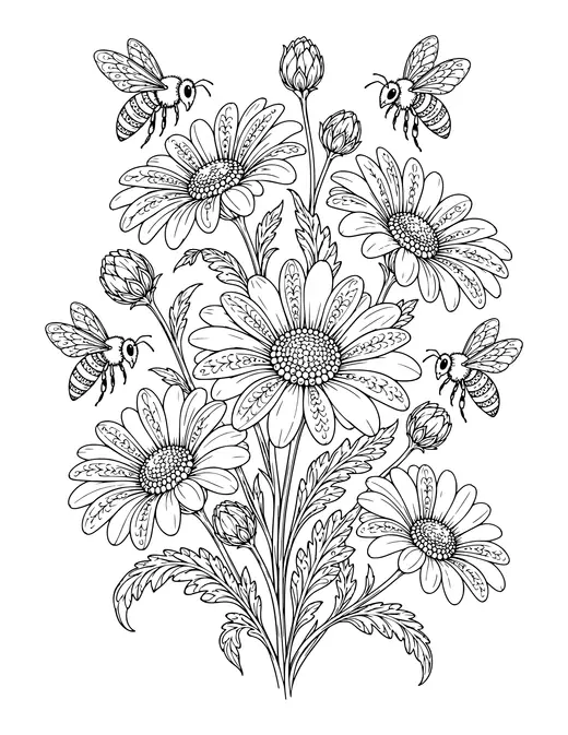 Daisies and Bees coloring page