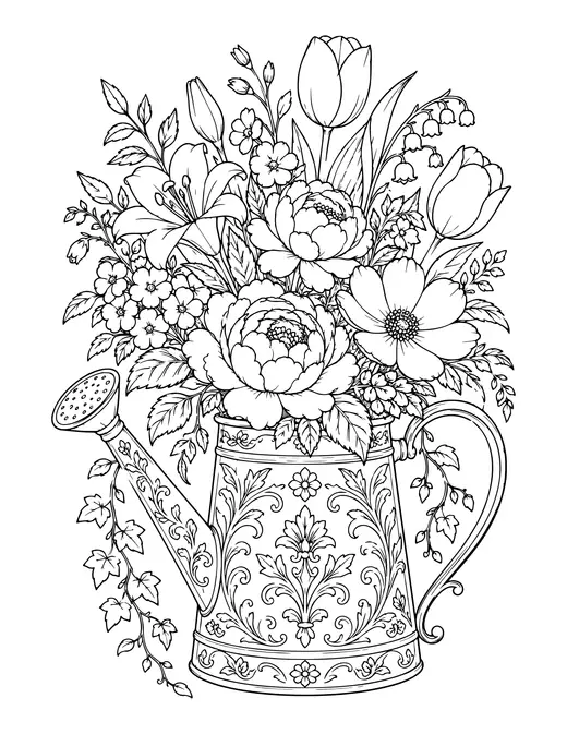 Watering Can with Flowers coloring page
