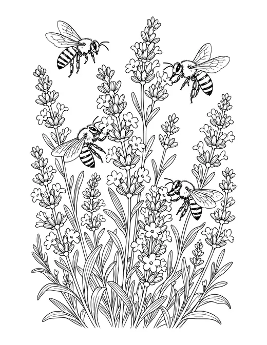 Bees on Lavender coloring page