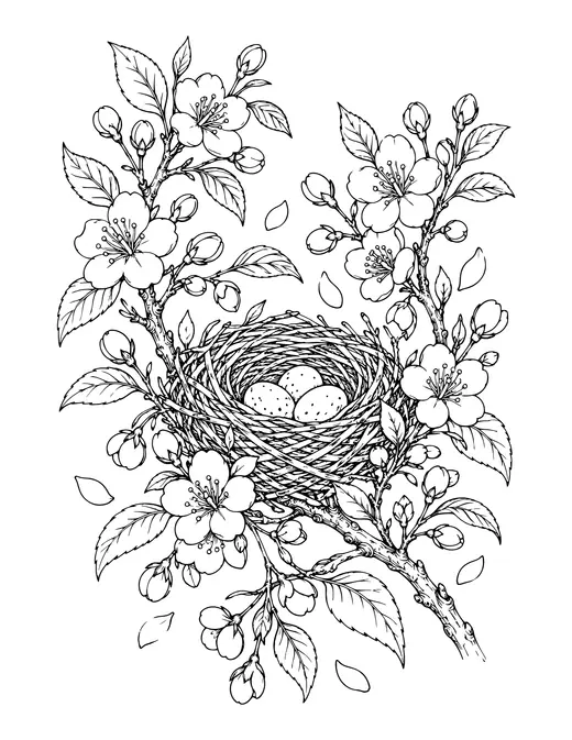 Birds Nest in Blossoms coloring page