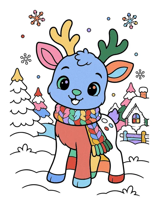 Baby Reindeer in a Knitted Scarf coloring page, colored in