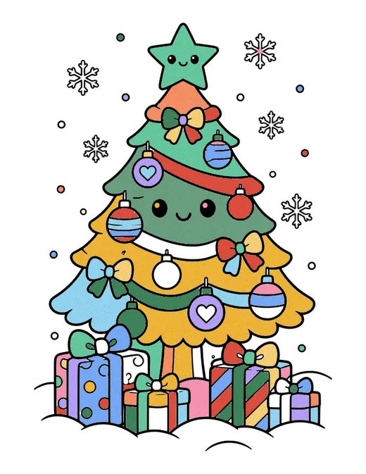 Christmas Tree with Presents coloring page, colored in