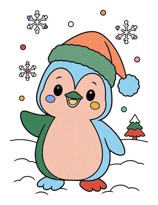 Penguin in a Santa Hat coloring page, colored in
