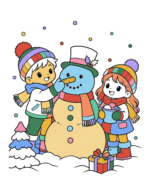 Kids Building a Snowman coloring page, colored in