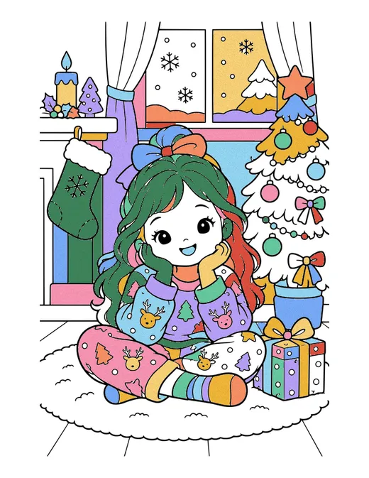 Christmas Morning Pajamas coloring page, colored in