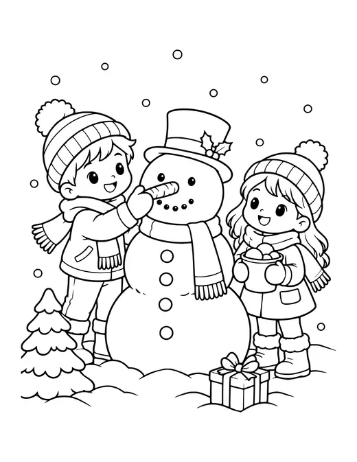 Kids Building a Snowman coloring page