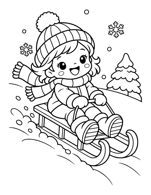 Sledding Down a Snowy Hill coloring page