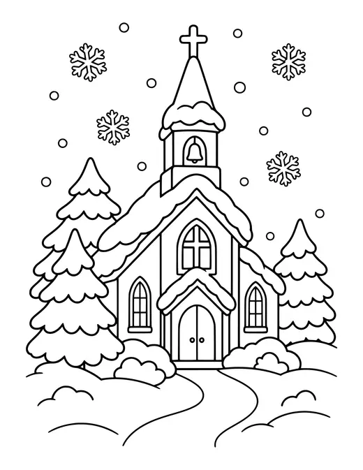 Snowy Village Church coloring page