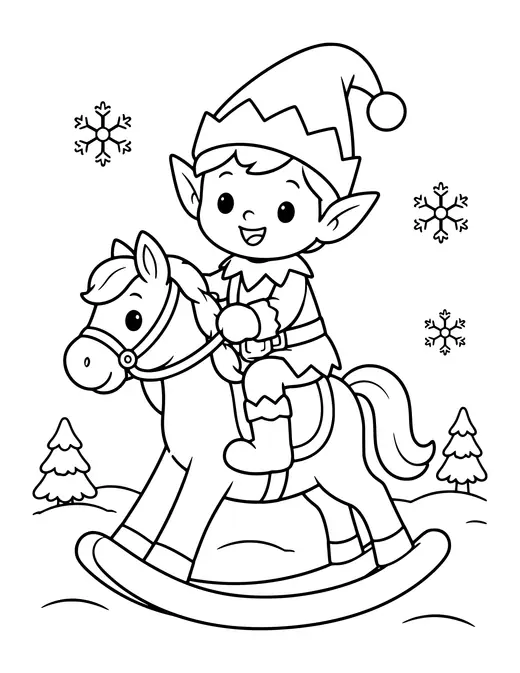 Elf on a Rocking Horse coloring page