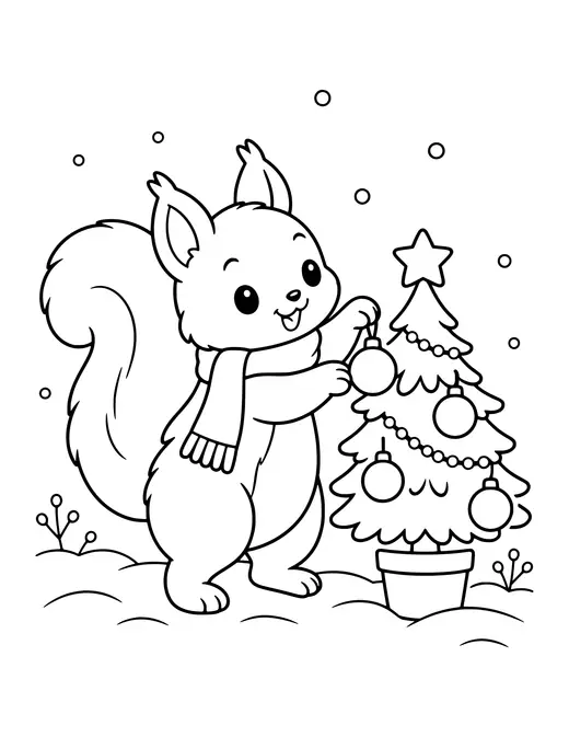 Squirrel Decorating a Tiny Tree coloring page