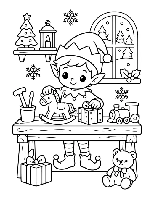 Christmas Elf Workshop Bench coloring page