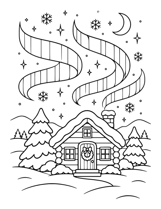Northern Lights over a Cabin coloring page