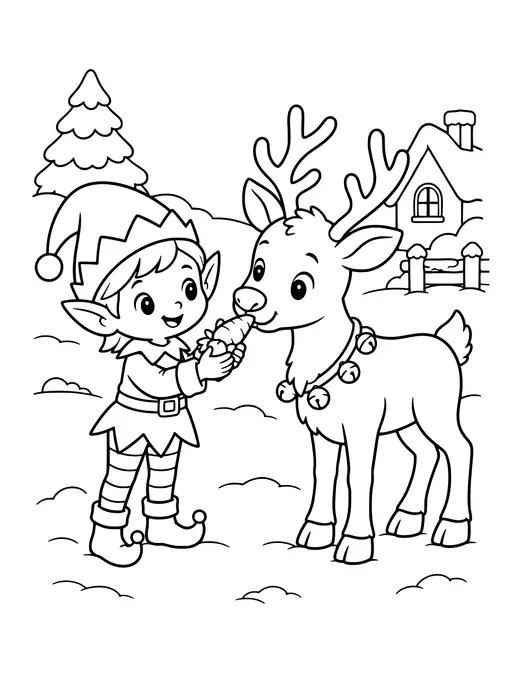 Elf Feeding a Reindeer coloring page