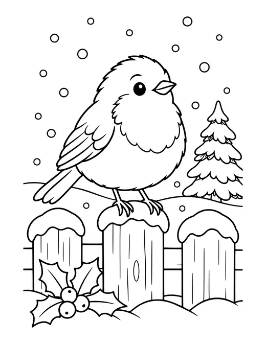 Robin on a Snowy Fence coloring page