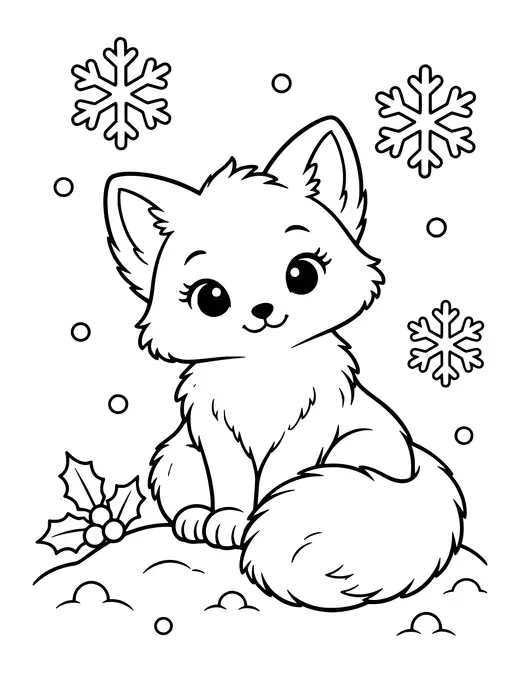 Arctic Fox and Snowflakes coloring page