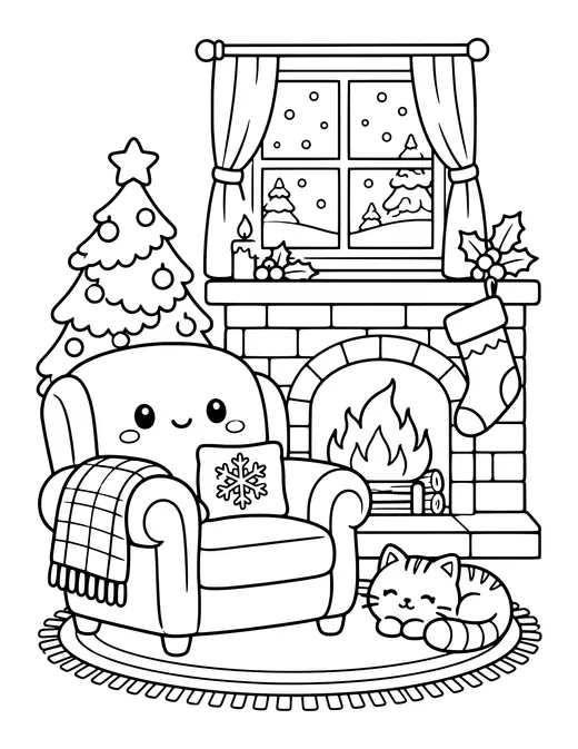 Cozy Fireplace and Armchair coloring page
