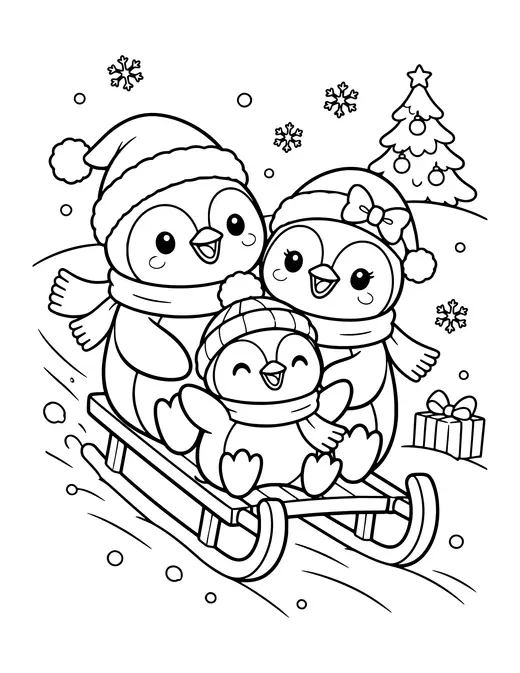 Penguin Family Sledding coloring page