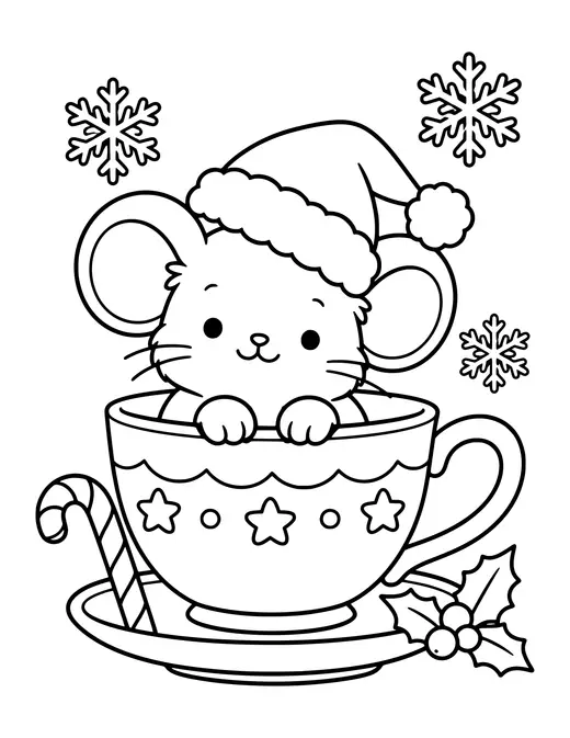 Christmas Mouse in a Teacup coloring page