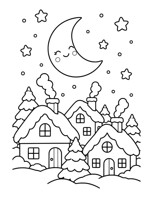 Merry Moon over Rooftops coloring page