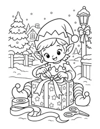 Elf Wrapping a Gift coloring page