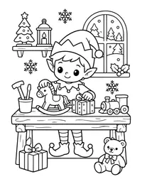 Christmas Elf Workshop Bench coloring page