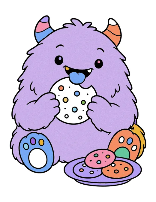 Monster Eating Cookies coloring page, colored in