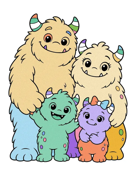 Monster Family Portrait coloring page, colored in