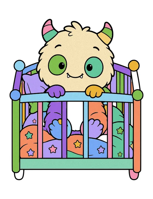 Baby Monster in a Crib coloring page, colored in