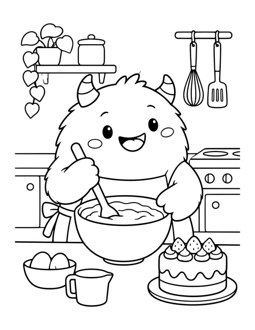 Monster Baking a Cake coloring page