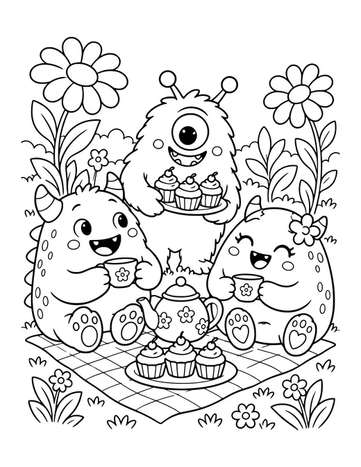 Monster Garden Party coloring page