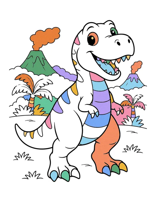 Friendly T-Rex coloring page, colored in