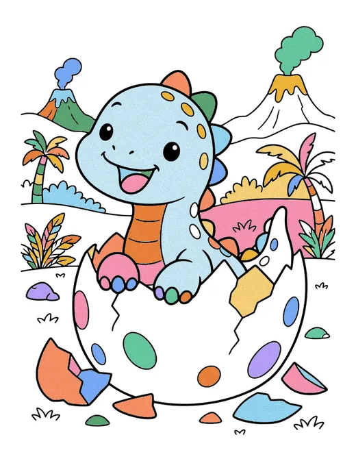Baby Dino Hatching from an Egg coloring page, colored in