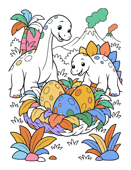 Dino Nest with Eggs coloring page, colored in