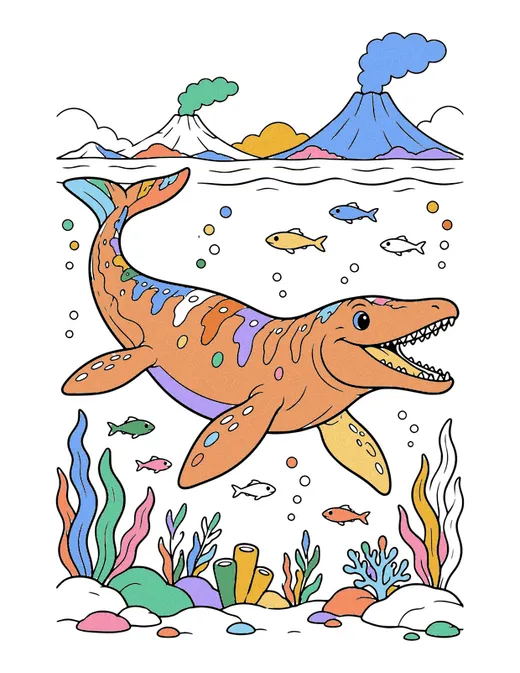 Mosasaurus in the Sea coloring page, colored in