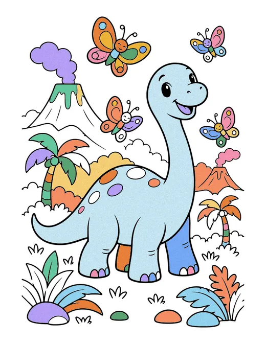 Dino and Butterflies coloring page, colored in