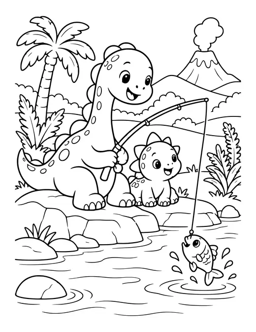 Dino Fishing coloring page