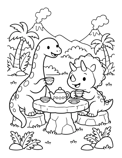 Dino Tea Party coloring page
