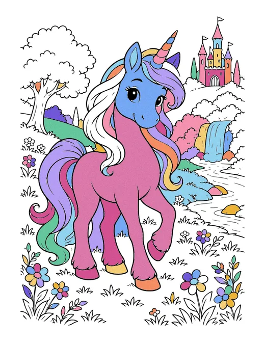 Unicorn in a Meadow coloring page, colored in