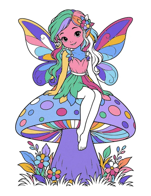 Fairy Sitting on a Mushroom coloring page, colored in