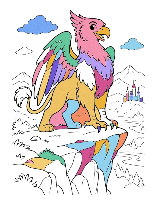 Griffin on a Cliff coloring page, colored in